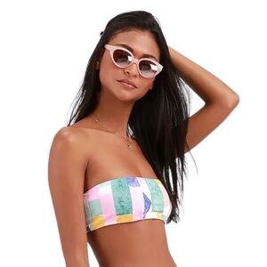 Lulu’s Taking Shape White Multi Geometric Print Bandeau Bikini Top Size XL NWT